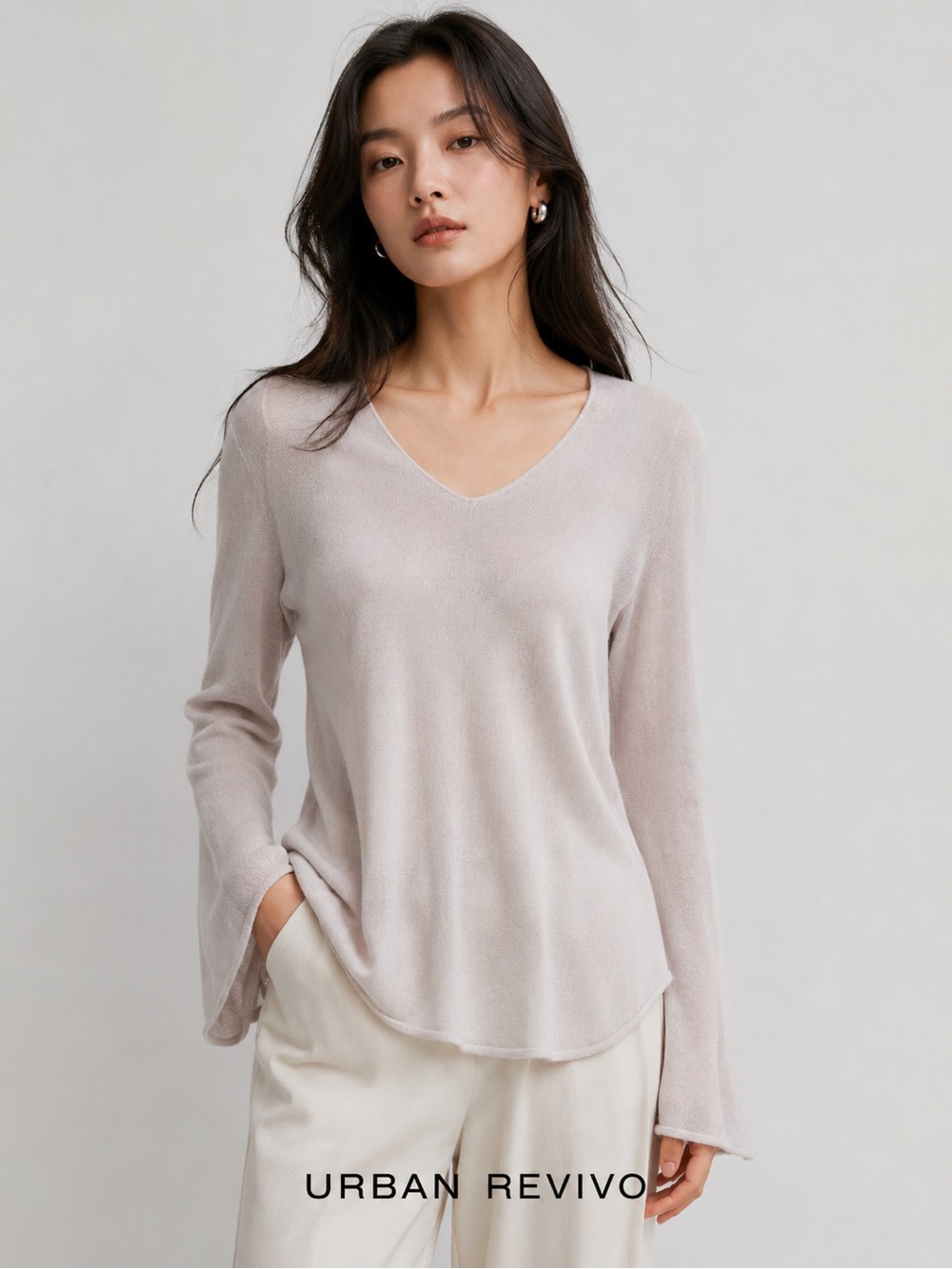 Urban Revivo Light Taupe V-Neck Knit Top